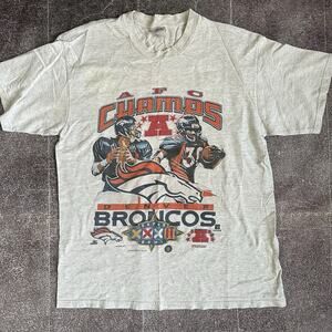 Mens Vintage 90s Denver Broncos John Elway Terrell Davis Super Bowl T Shirt Sz L